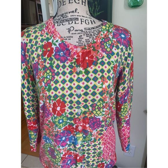 Talbots Vibrant Floral Cardigan Sweater Women’s Size M Button Front 3/4 Sleeves - Picture 1 of 8